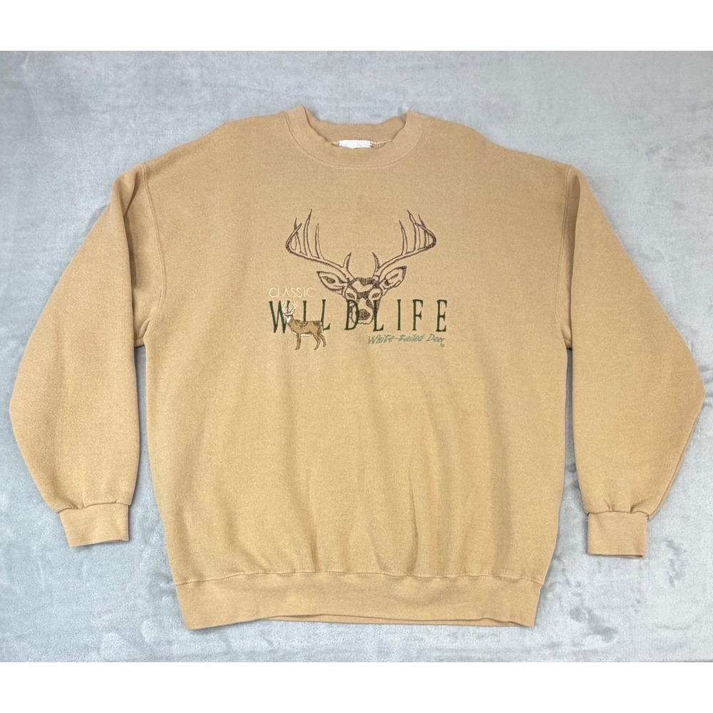 Vintage Lee Mens Sweatshirt Wildlife White-Tailed Deer Buck Heavyweight XL Tan